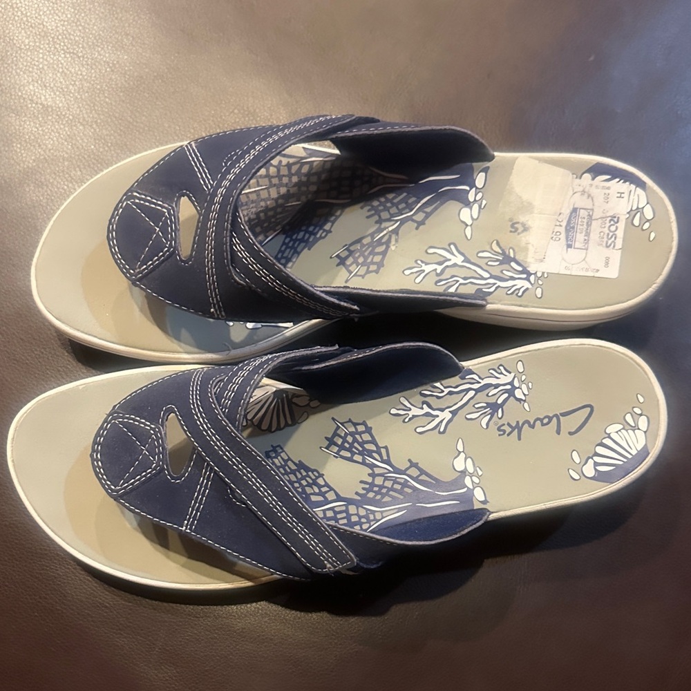 Clarks Blue Slide Sandals with Patterned Footbed